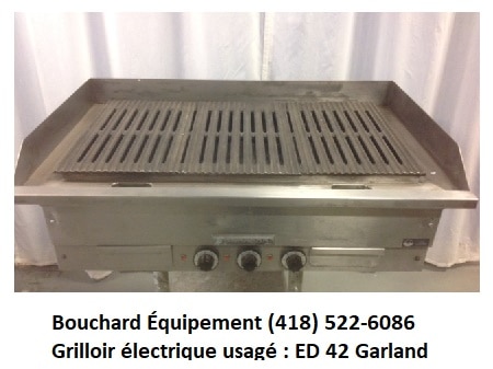 Grilloir Charcoal électrique usagé 36 pouces de marque Garland modèle ED 42. Dimensions extérieures: 41 x 28 x 12.5 pouces