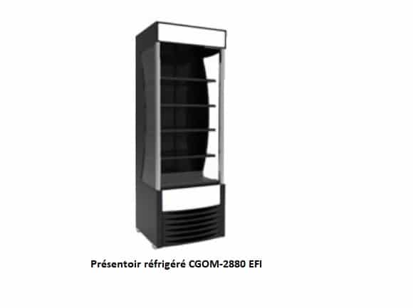Présentoir réfrigéré ouvert vertical CGOM-2880. Présentoir réfrigéré ouvert compact pour produits réfrigérés à vente rapide.