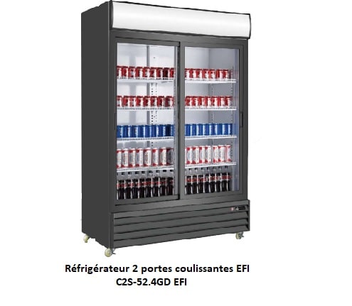 Réfrigérateur 2 portes vitrées à usage commercial C2S-52.4GD. Réfrigérateur 2 portes coulissantes grande capacité de stockage