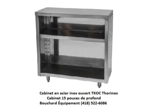 Cabinet ouvert en acier inox 15 pouces de profond. modèle TKOC-1536-SS, TKOC-1548-SS, TKOC1560-SS, et TKOC-1572-SS.