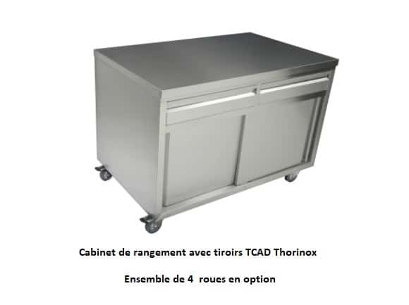 Cabinet de rangement avec tiroirs en acier inox Thorinox. TCAD-2436-SS et TCAD-2448-SS modèles 24 pouces de profond et TCAD-3048-SS et TCAD3060-SS avec 30 pouces de profond.
